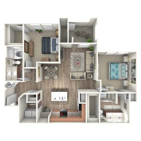 Floor plan for 2 beds, 2 baths, 1169 sqft